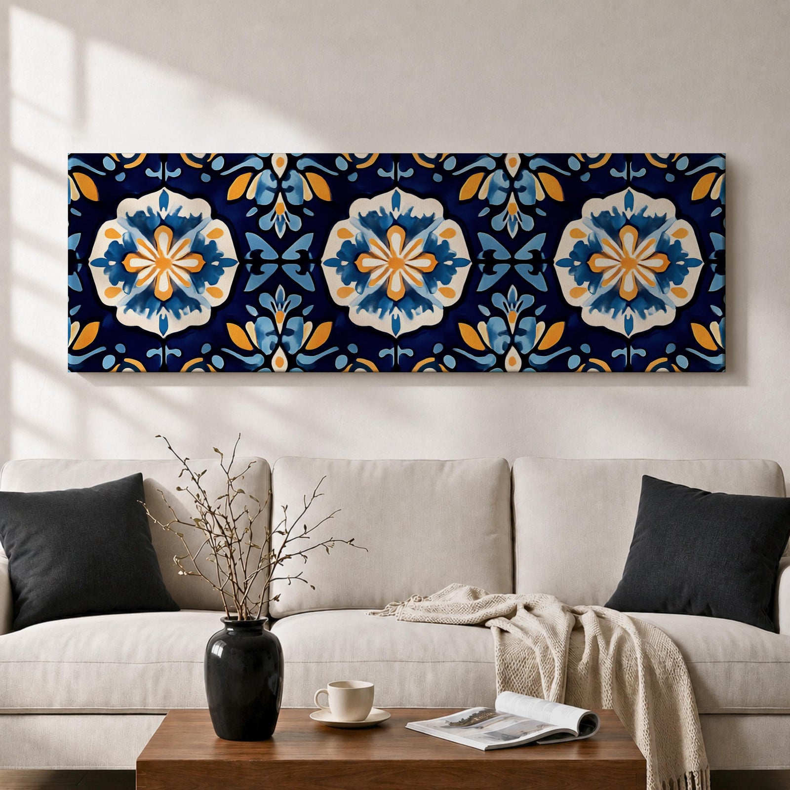 Panoramic Moroccan tile wall art featuring repeating Moorish floral patterns in blue white and gold tones arranged in a decorative Mediterranean ceramic tile design.