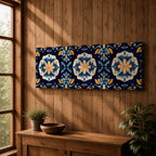 Panoramic Moroccan tile wall art featuring repeating Moorish floral patterns in blue white and gold tones arranged in a decorative Mediterranean ceramic tile design.