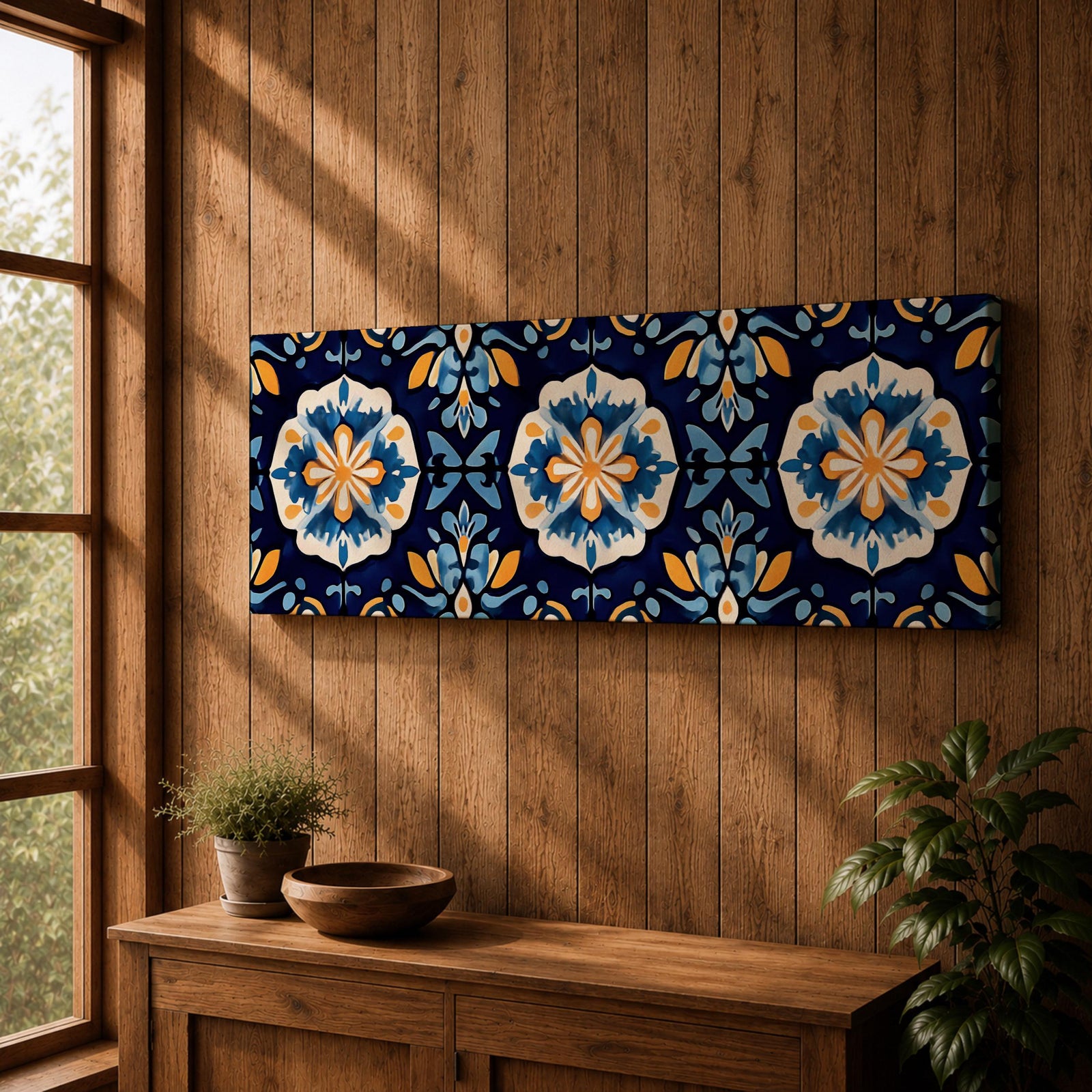 Panoramic Moroccan tile wall art featuring repeating Moorish floral patterns in blue white and gold tones arranged in a decorative Mediterranean ceramic tile design.