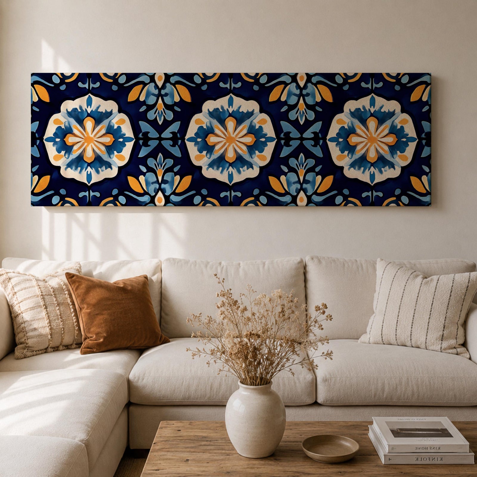 Panoramic Moroccan tile wall art featuring repeating Moorish floral patterns in blue white and gold tones arranged in a decorative Mediterranean ceramic tile design.