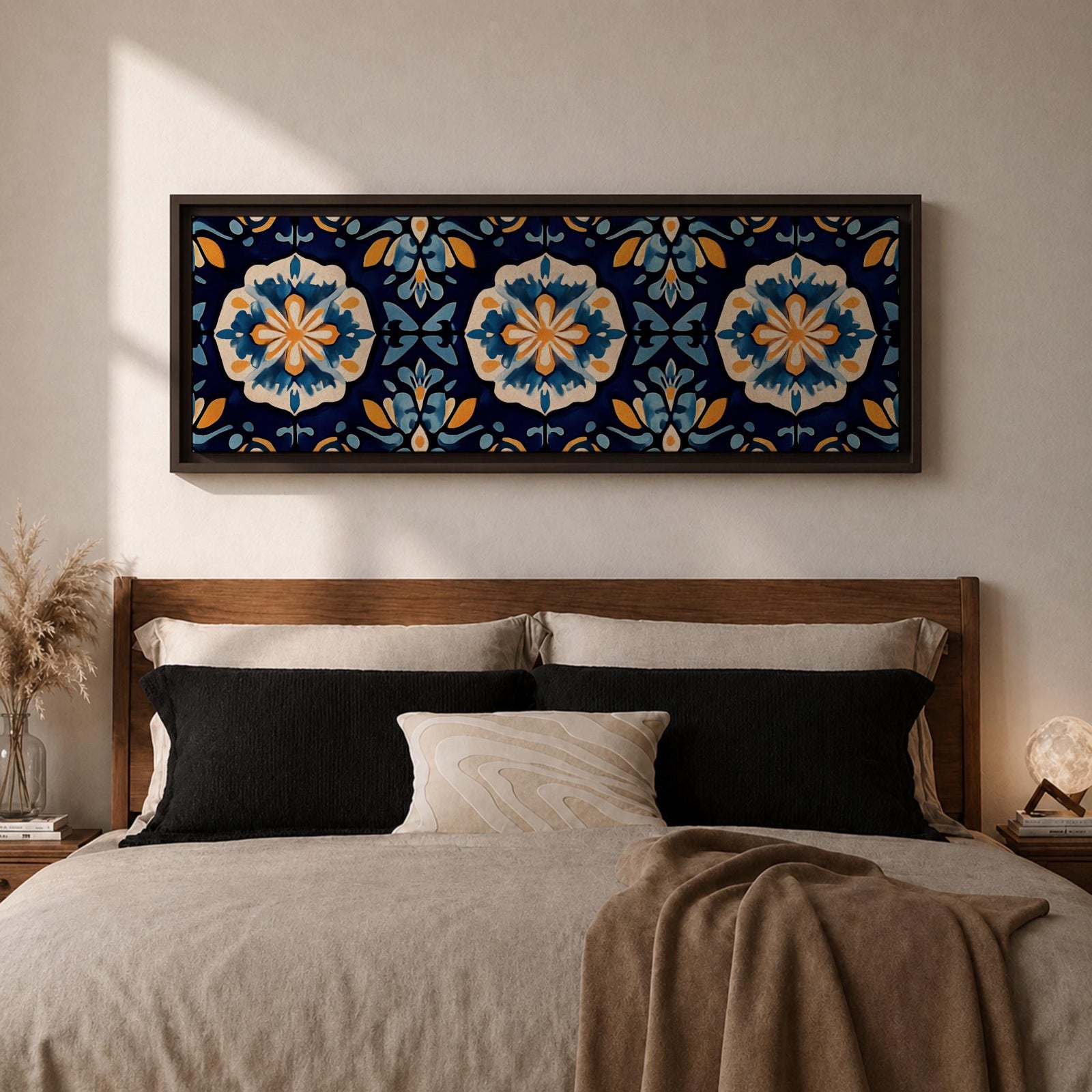 Panoramic Moroccan tile wall art featuring repeating Moorish floral patterns in blue white and gold tones arranged in a decorative Mediterranean ceramic tile design.