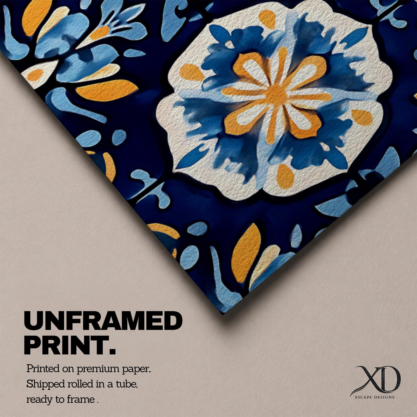 Panoramic Moroccan tile wall art featuring repeating Moorish floral patterns in blue white and gold tones arranged in a decorative Mediterranean ceramic tile design.