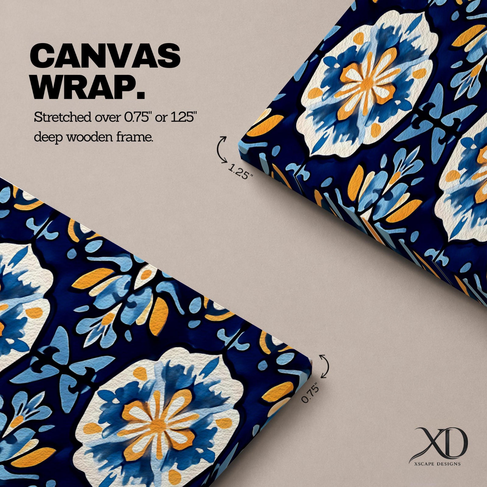Panoramic Moroccan tile wall art featuring repeating Moorish floral patterns in blue white and gold tones arranged in a decorative Mediterranean ceramic tile design.