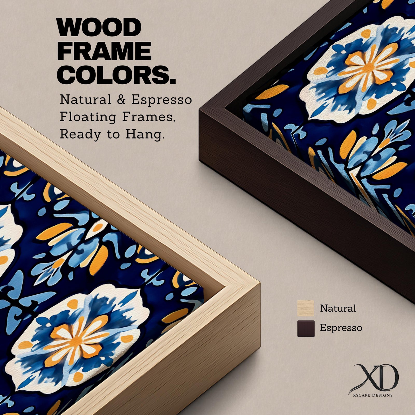 Panoramic Moroccan tile wall art featuring repeating Moorish floral patterns in blue white and gold tones arranged in a decorative Mediterranean ceramic tile design.