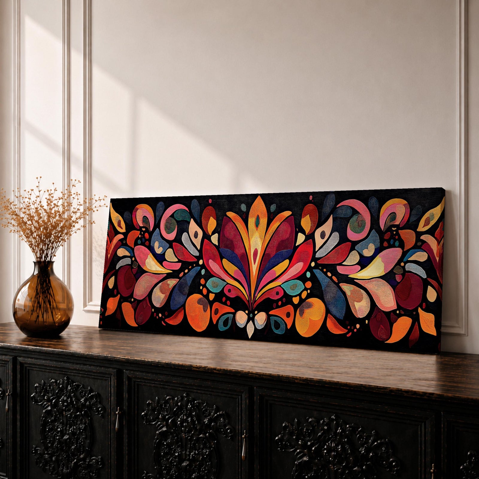 Panoramic boho folk floral wall art featuring colorful symmetrical floral motifs in warm red orange blue and gold tones on a dark background inspired by Scandinavian folk patterns.