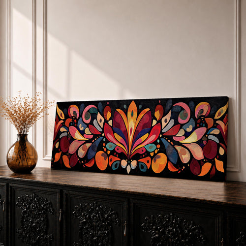 Panoramic boho folk floral wall art featuring colorful symmetrical floral motifs in warm red orange blue and gold tones on a dark background inspired by Scandinavian folk patterns.