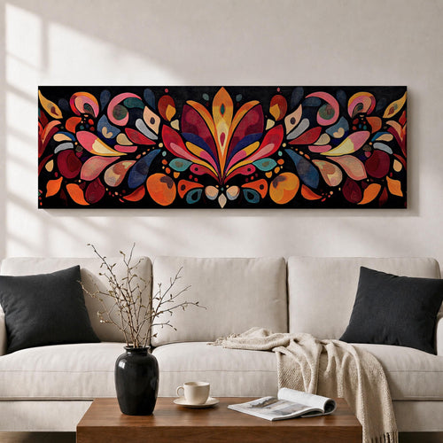 Panoramic boho folk floral wall art featuring colorful symmetrical floral motifs in warm red orange blue and gold tones on a dark background inspired by Scandinavian folk patterns.