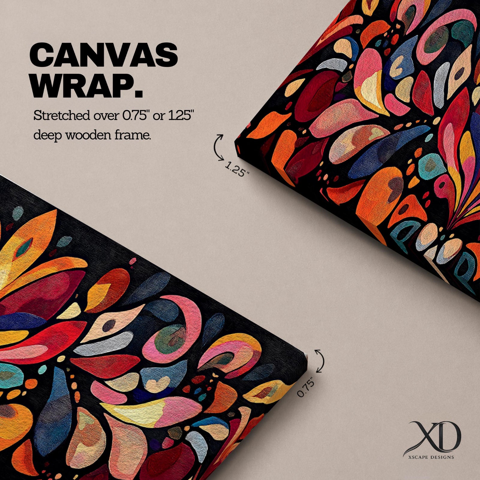 Panoramic boho folk floral wall art featuring colorful symmetrical floral motifs in warm red orange blue and gold tones on a dark background inspired by Scandinavian folk patterns.