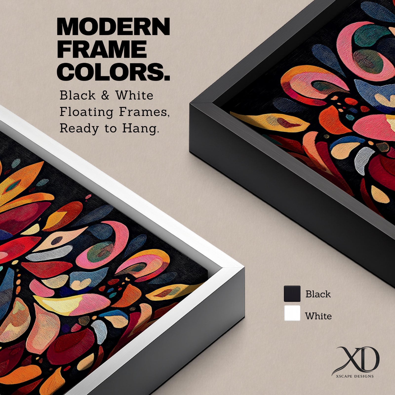 Panoramic boho folk floral wall art featuring colorful symmetrical floral motifs in warm red orange blue and gold tones on a dark background inspired by Scandinavian folk patterns.