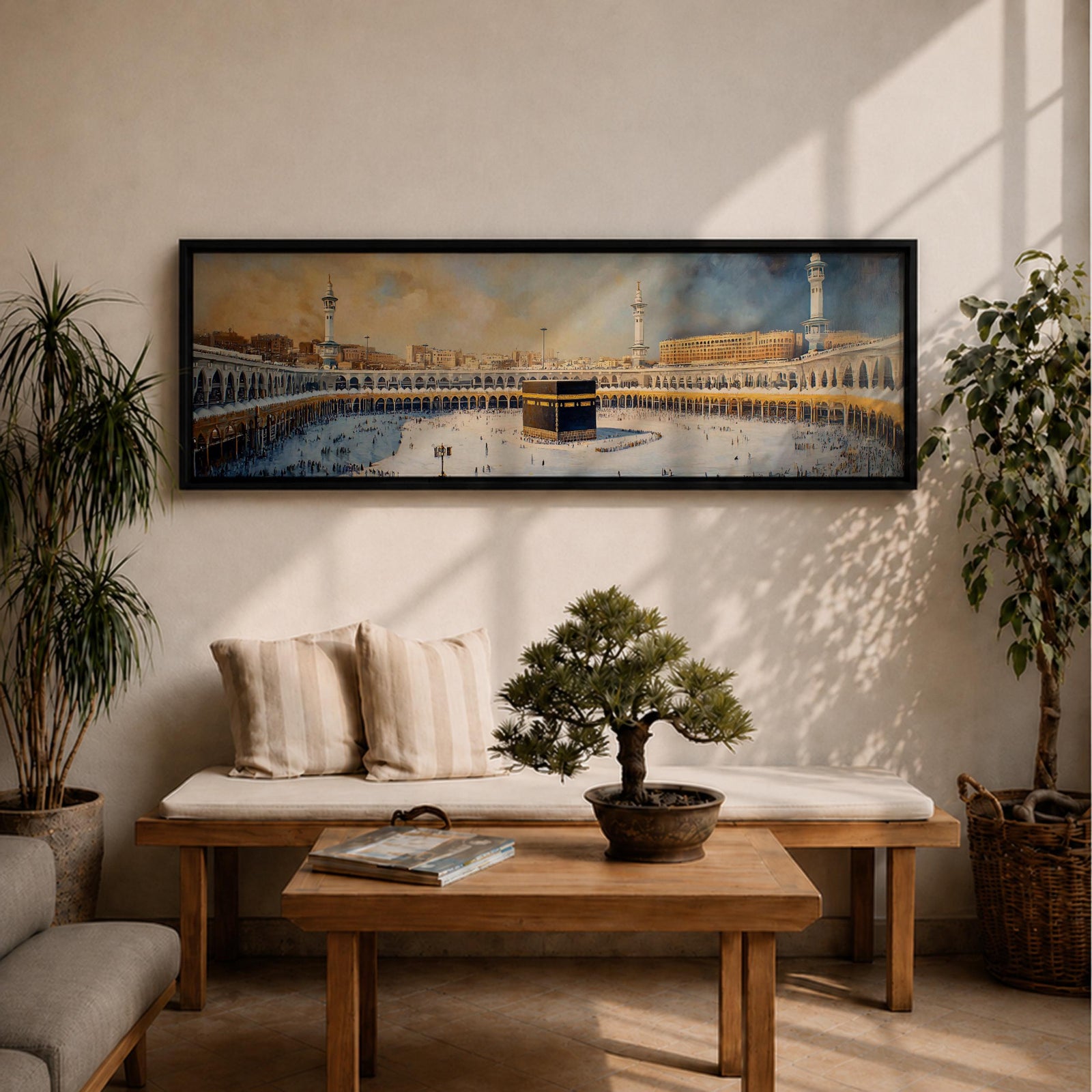 Panoramic Islamic wall art showing the Kaaba at Masjid Al Haram in Mecca surrounded by mosque arches, minarets, and pilgrims in a wide sacred courtyard scene.