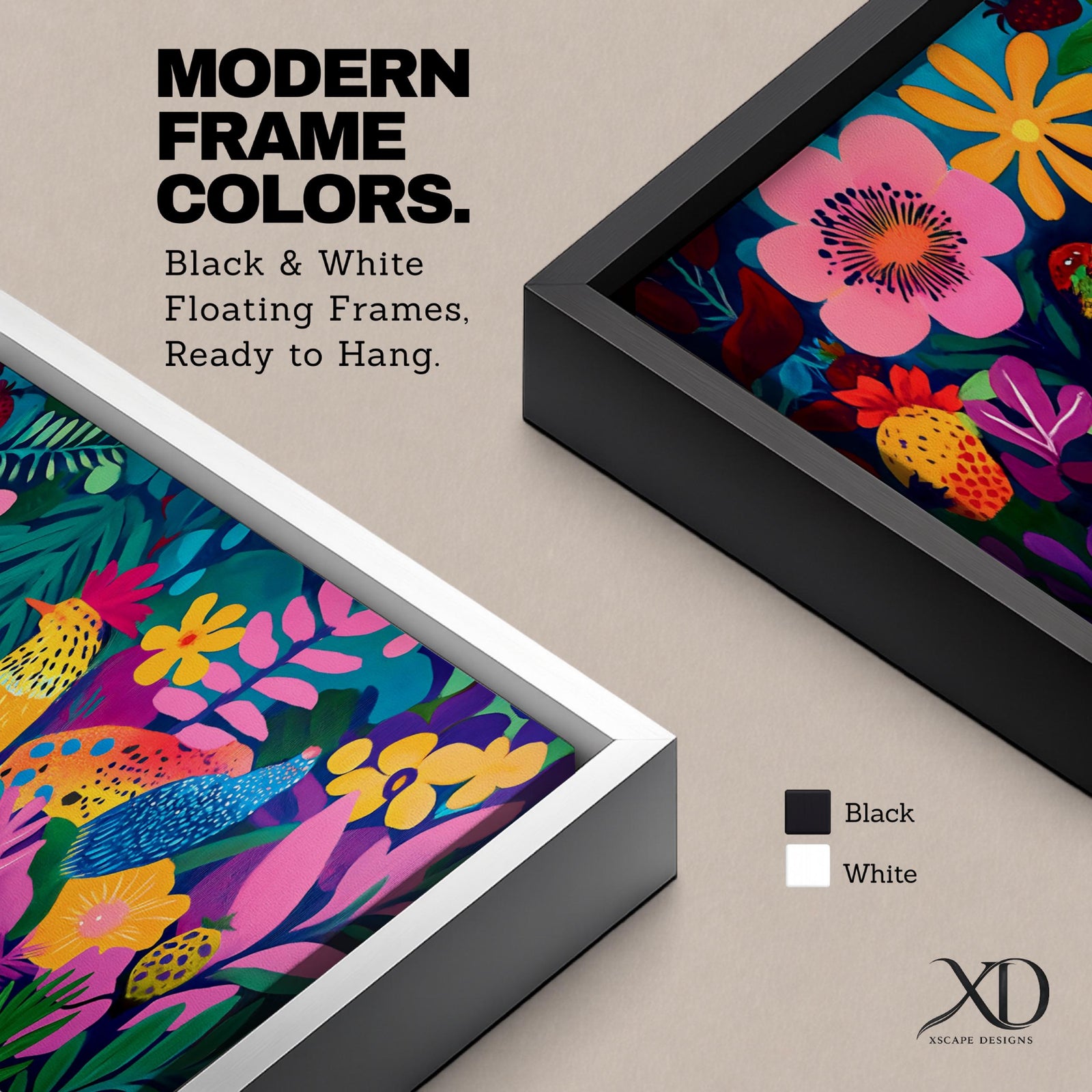 Panoramic tropical botanical illustration filled with colorful jungle plants, flowers, and birds layered across dense foliage. Large leaves, bright pink blossoms, yellow and orange flowers, and patterned tropical birds create a vibrant composition with bold shapes and rich colors across the wide canvas.