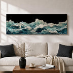 Panoramic ocean wave wall art showing dramatic teal sea waves crashing and rolling across the water against a dark background in a wide seascape composition.
