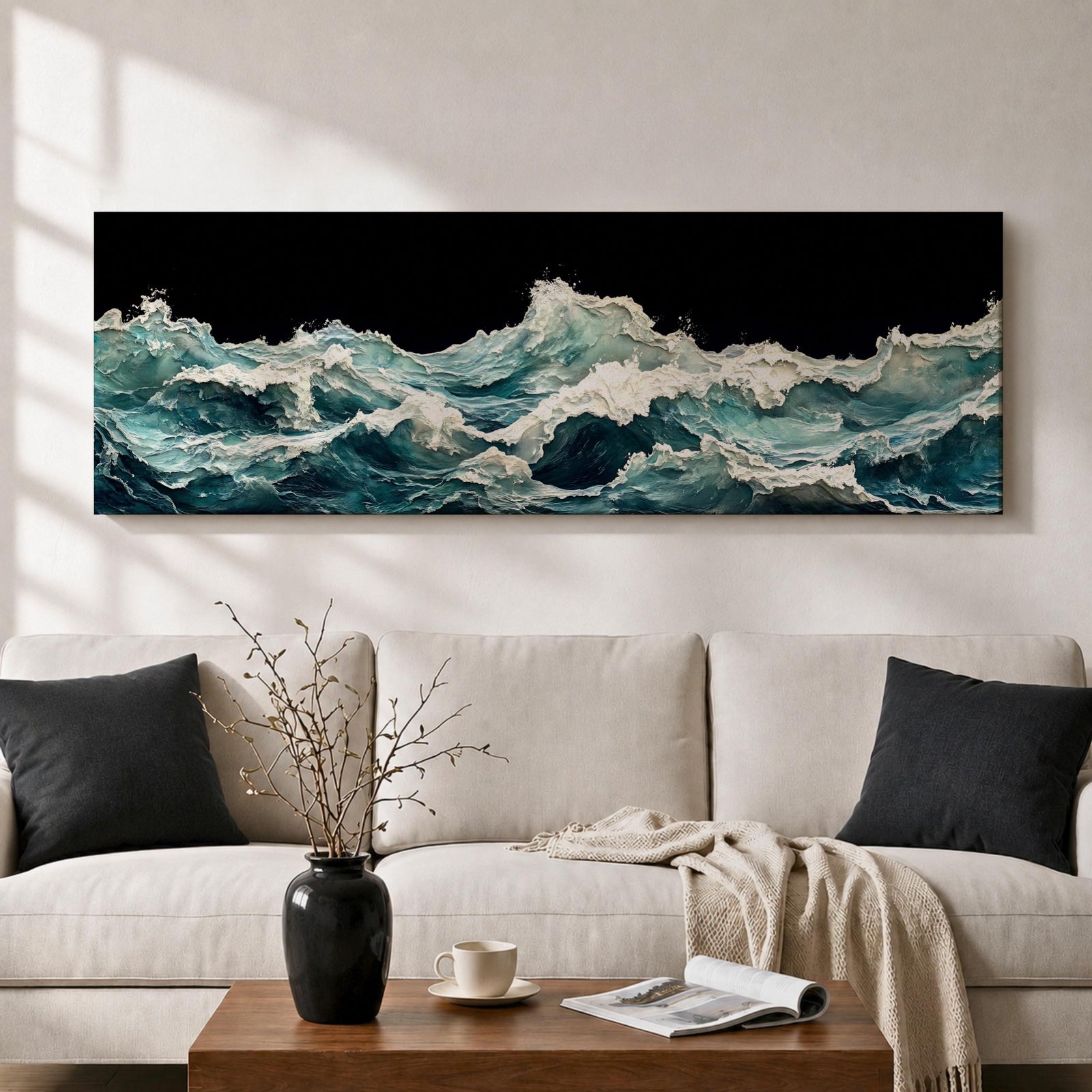 Panoramic ocean wave wall art showing dramatic teal sea waves crashing and rolling across the water against a dark background in a wide seascape composition.