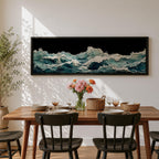 Panoramic ocean wave wall art showing dramatic teal sea waves crashing and rolling across the water against a dark background in a wide seascape composition.