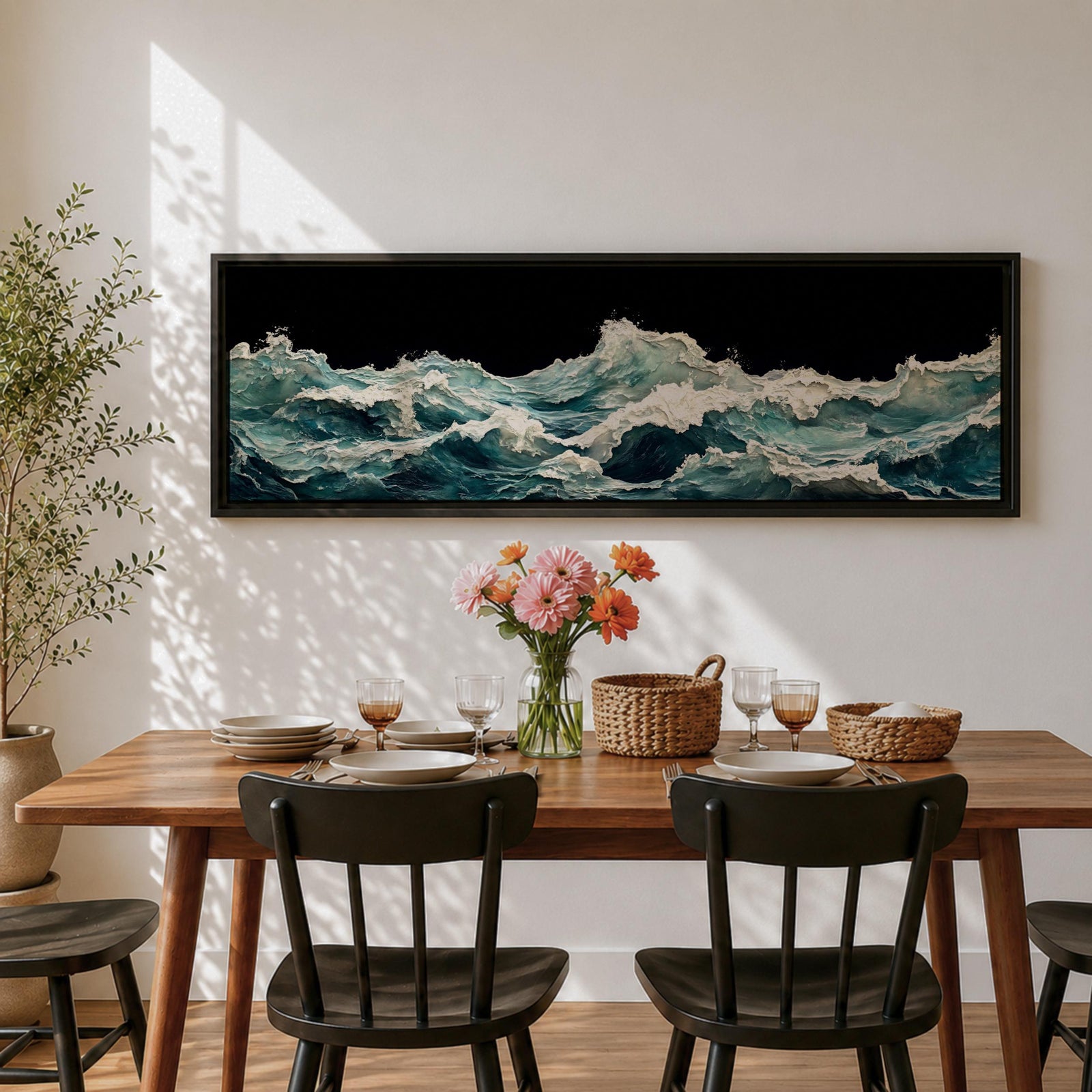 Panoramic ocean wave wall art showing dramatic teal sea waves crashing and rolling across the water against a dark background in a wide seascape composition.