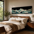 Panoramic ocean wave wall art showing dramatic teal sea waves crashing and rolling across the water against a dark background in a wide seascape composition.