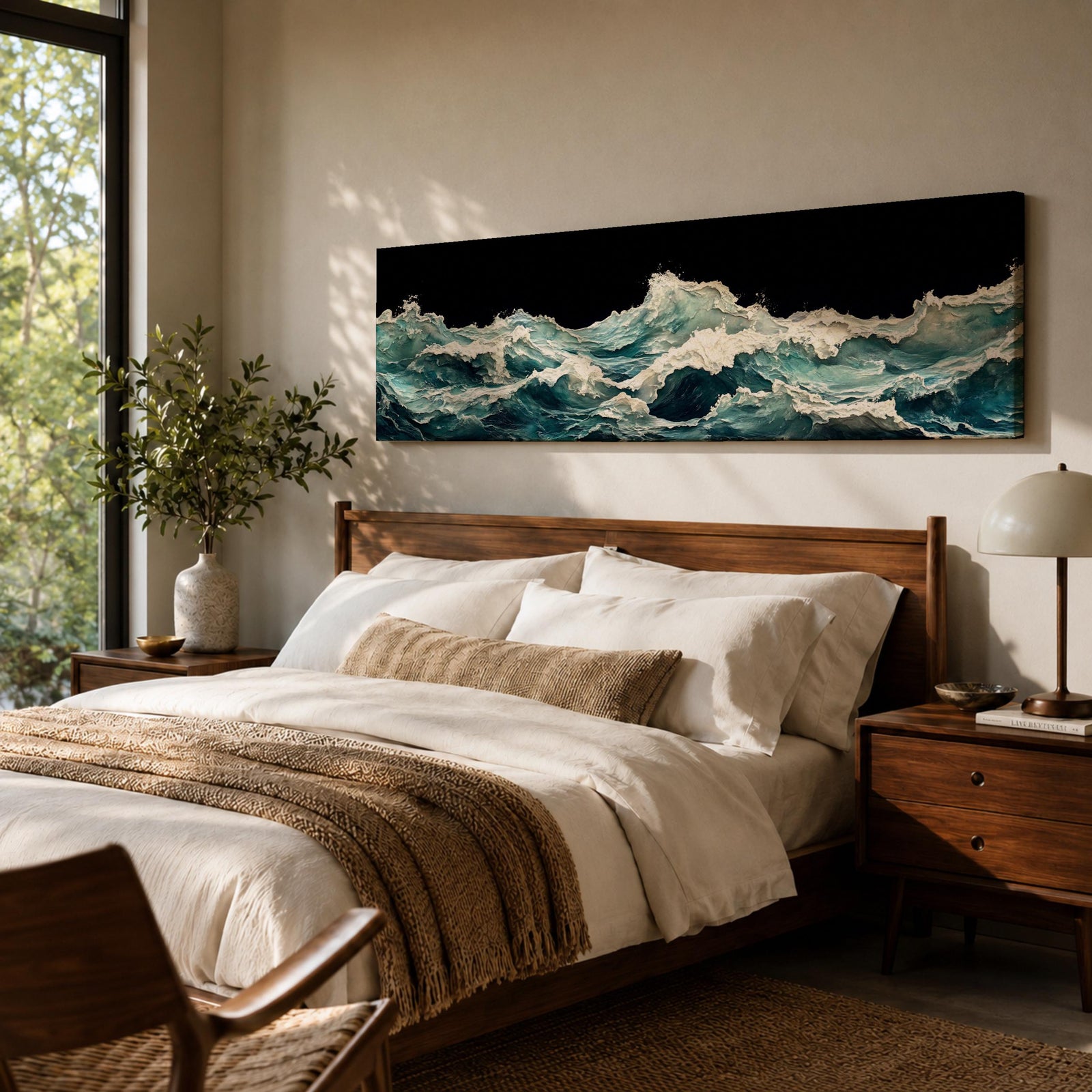 Panoramic ocean wave wall art showing dramatic teal sea waves crashing and rolling across the water against a dark background in a wide seascape composition.