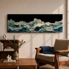 Panoramic ocean wave wall art showing dramatic teal sea waves crashing and rolling across the water against a dark background in a wide seascape composition.
