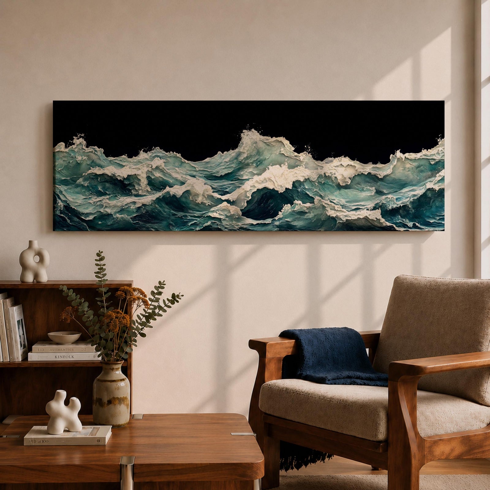 Panoramic ocean wave wall art showing dramatic teal sea waves crashing and rolling across the water against a dark background in a wide seascape composition.