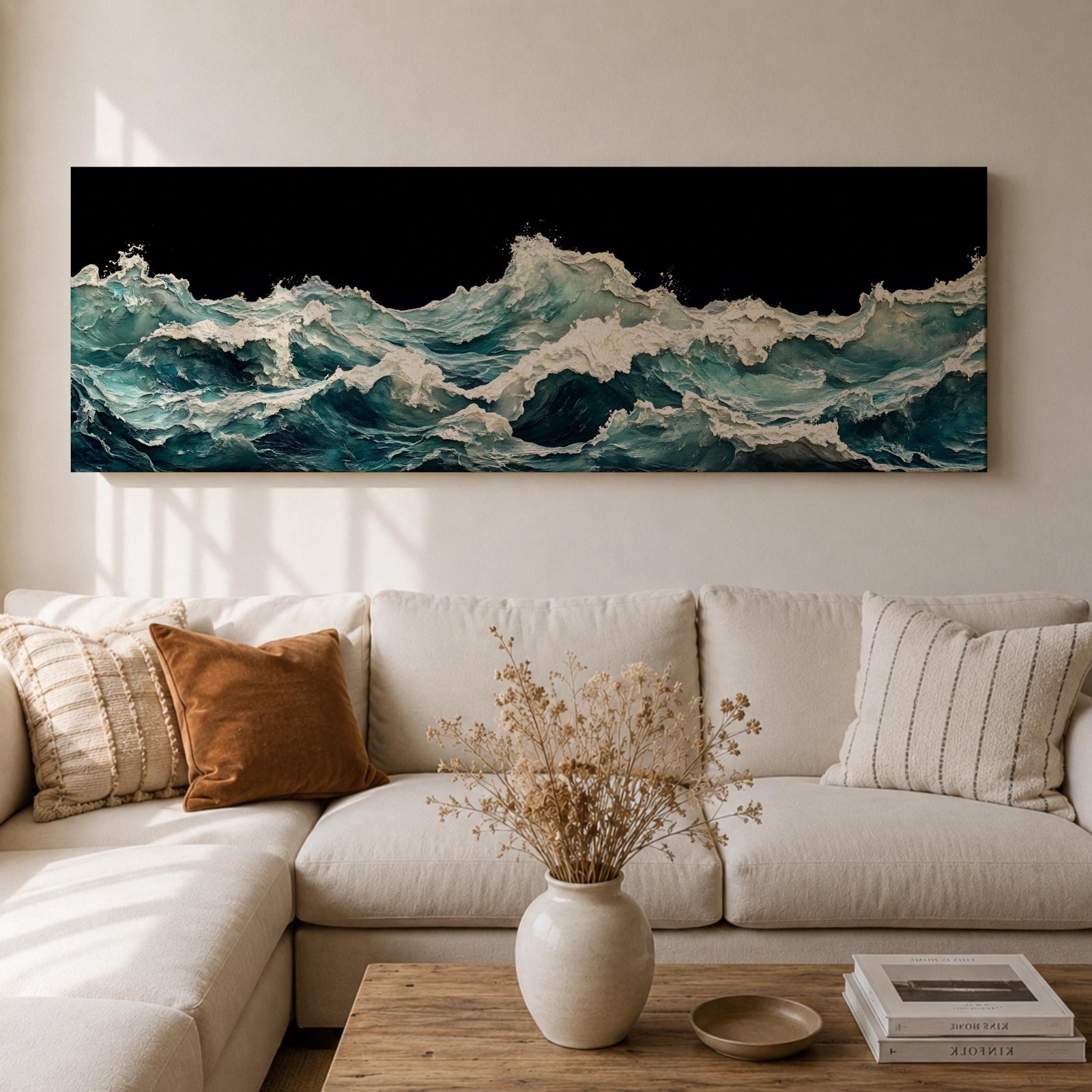 Panoramic ocean wave wall art showing dramatic teal sea waves crashing and rolling across the water against a dark background in a wide seascape composition.