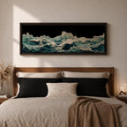 Panoramic ocean wave wall art showing dramatic teal sea waves crashing and rolling across the water against a dark background in a wide seascape composition.