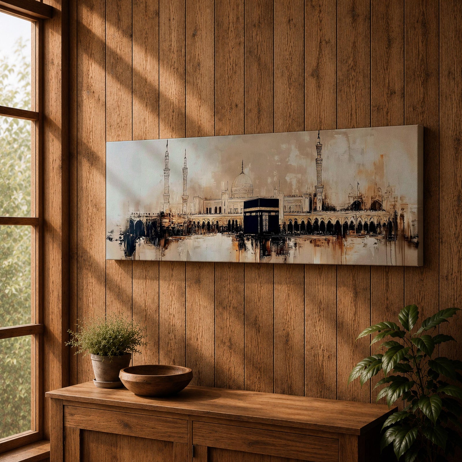Panoramic painting of the Kaaba at Masjid al Haram with surrounding mosque arches and minarets, rendered in a loose abstract style with warm beige, brown, and black tones. The composition stretches horizontally with expressive brush textures, architectural silhouettes, and layered strokes highlighting the Kaaba at the center of the sacred mosque complex.