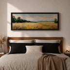 Panoramic countryside landscape painting showing a wide golden field filled with tall grasses and scattered wildflowers. A tree line borders the meadow while distant hills stretch across the horizon beneath a soft blue sky with light clouds across the expansive rural scene.