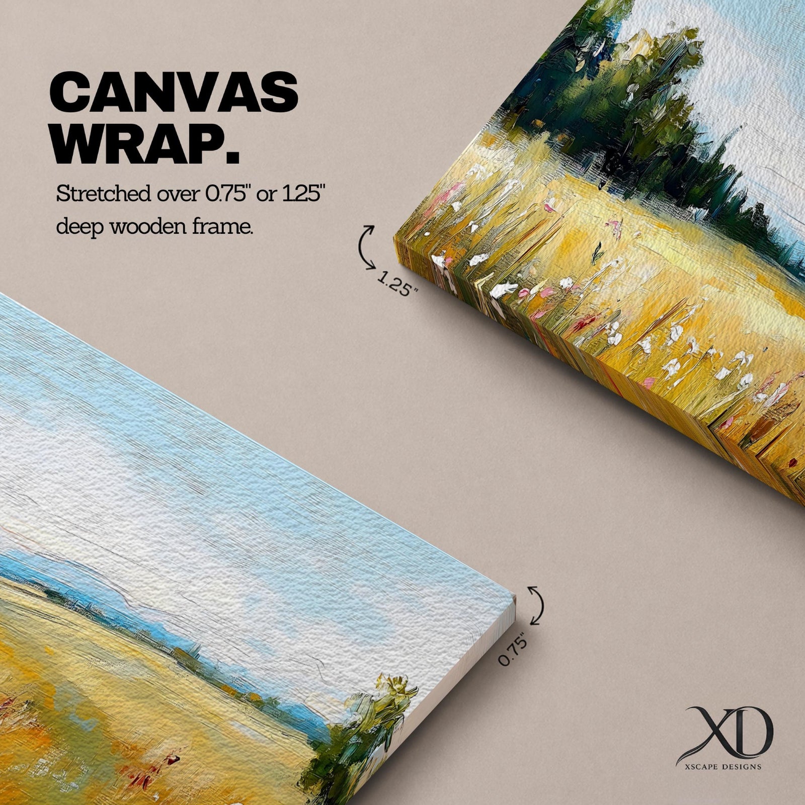 Panoramic countryside landscape painting showing a wide golden field filled with tall grasses and scattered wildflowers. A tree line borders the meadow while distant hills stretch across the horizon beneath a soft blue sky with light clouds across the expansive rural scene.