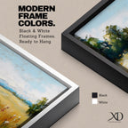 Panoramic countryside landscape painting showing a wide golden field filled with tall grasses and scattered wildflowers. A tree line borders the meadow while distant hills stretch across the horizon beneath a soft blue sky with light clouds across the expansive rural scene.