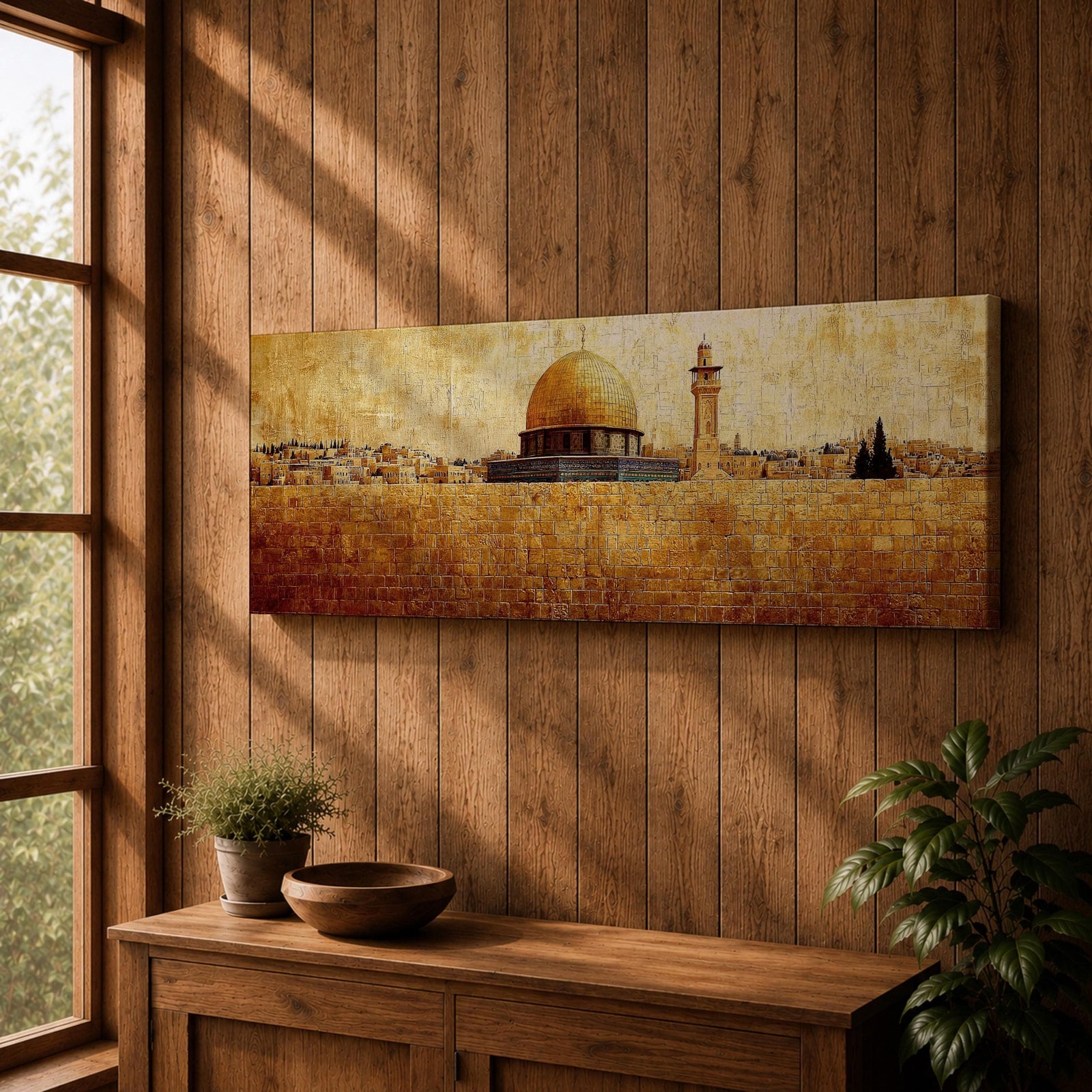 Panoramic painting of the Dome of the Rock rising above the stone walls of Jerusalem with the golden dome and nearby minaret dominating the skyline. The horizontal composition features textured brushwork in warm gold and earth tones, depicting the historic mosque complex, city structures, and layered stone architecture across the Jerusalem landscape.