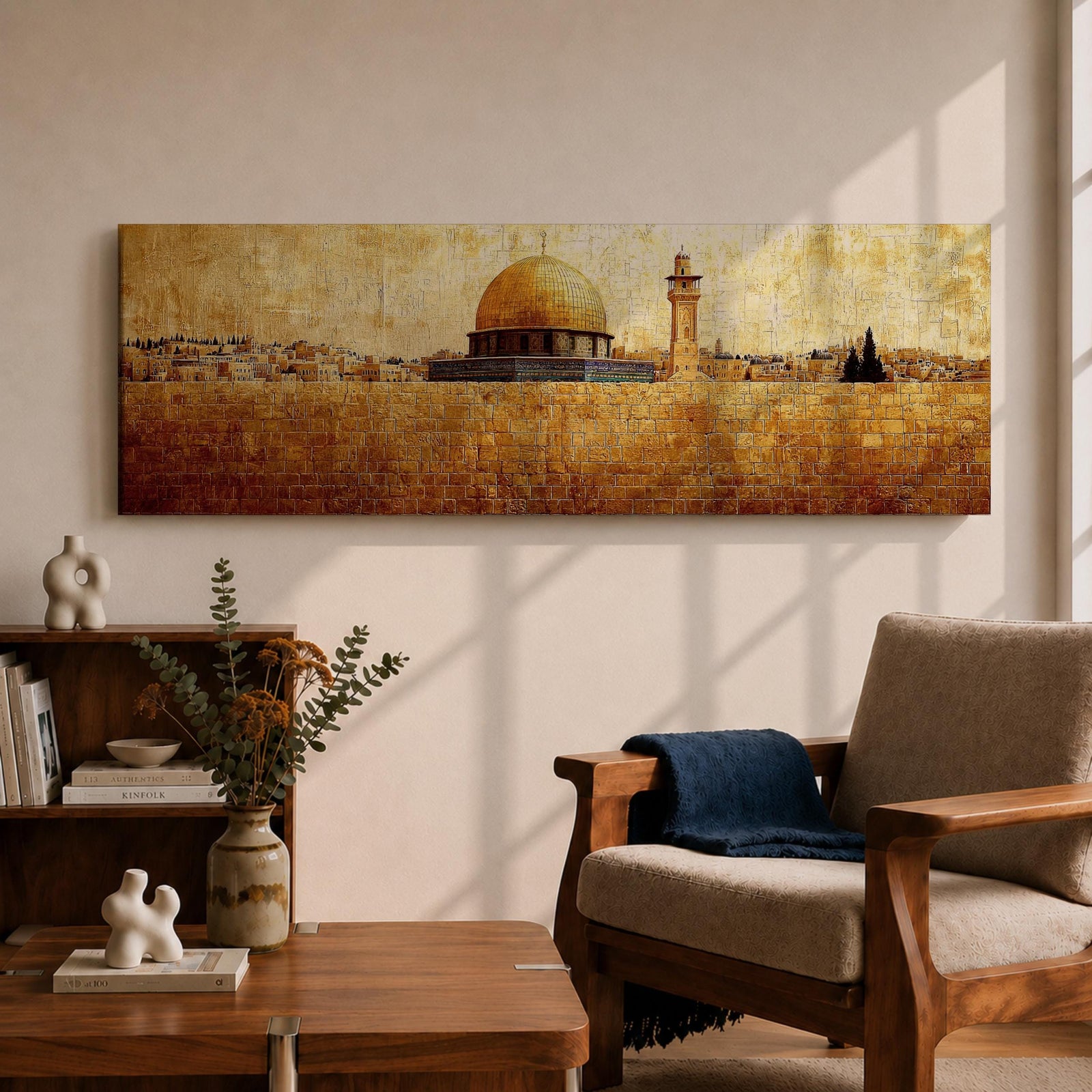 Panoramic painting of the Dome of the Rock rising above the stone walls of Jerusalem with the golden dome and nearby minaret dominating the skyline. The horizontal composition features textured brushwork in warm gold and earth tones, depicting the historic mosque complex, city structures, and layered stone architecture across the Jerusalem landscape.