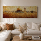 Panoramic painting of the Dome of the Rock rising above the stone walls of Jerusalem with the golden dome and nearby minaret dominating the skyline. The horizontal composition features textured brushwork in warm gold and earth tones, depicting the historic mosque complex, city structures, and layered stone architecture across the Jerusalem landscape.