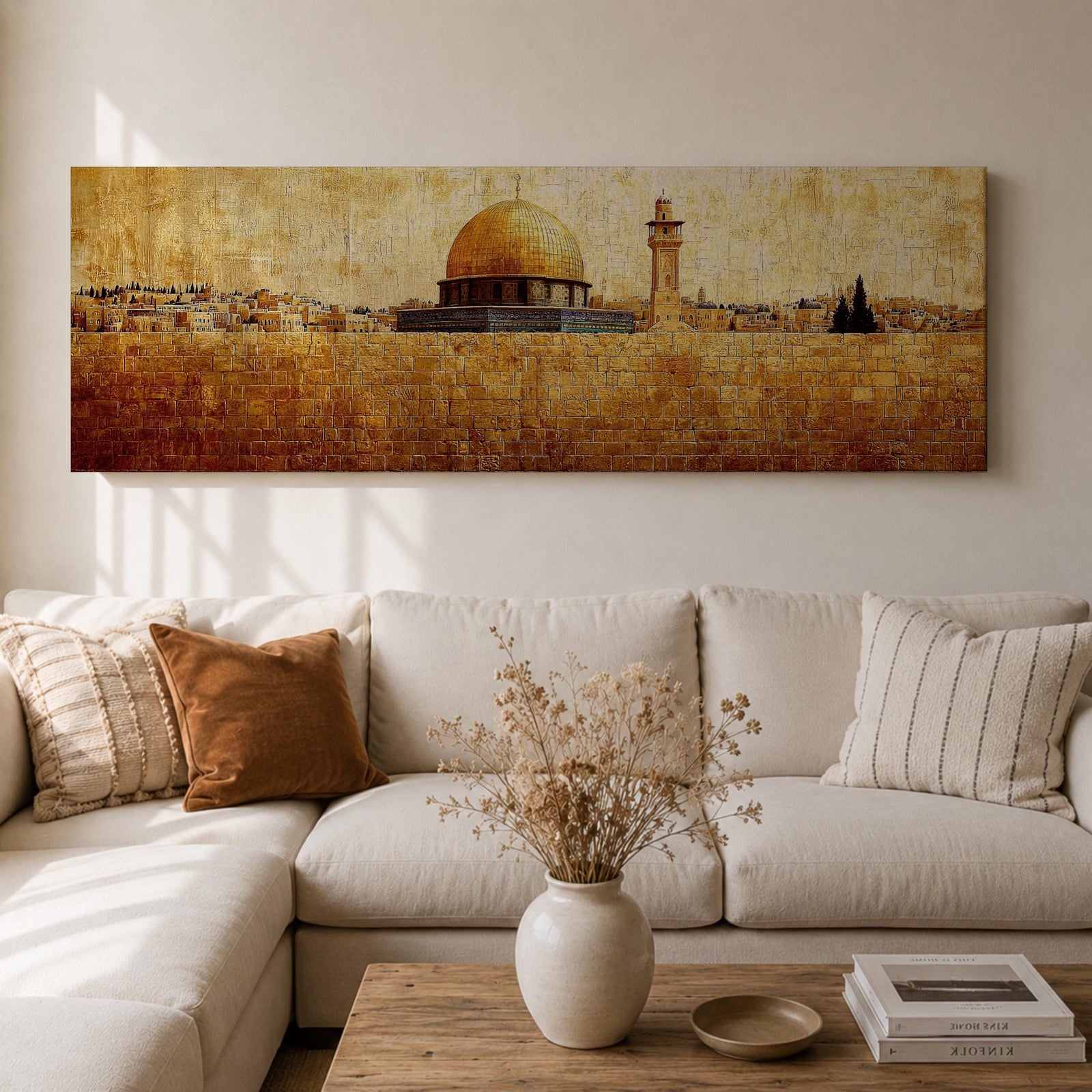Panoramic painting of the Dome of the Rock rising above the stone walls of Jerusalem with the golden dome and nearby minaret dominating the skyline. The horizontal composition features textured brushwork in warm gold and earth tones, depicting the historic mosque complex, city structures, and layered stone architecture across the Jerusalem landscape.