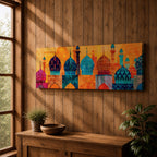Panoramic illustration of colorful mosque domes and minarets arranged in a horizontal skyline. The composition features Moroccan inspired architectural forms with geometric patterns, tile motifs, and layered dome shapes in vibrant shades of turquoise, blue, orange, red, and gold across a stylized Islamic architectural landscape.