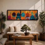 Panoramic illustration of colorful mosque domes and minarets arranged in a horizontal skyline. The composition features Moroccan inspired architectural forms with geometric patterns, tile motifs, and layered dome shapes in vibrant shades of turquoise, blue, orange, red, and gold across a stylized Islamic architectural landscape.