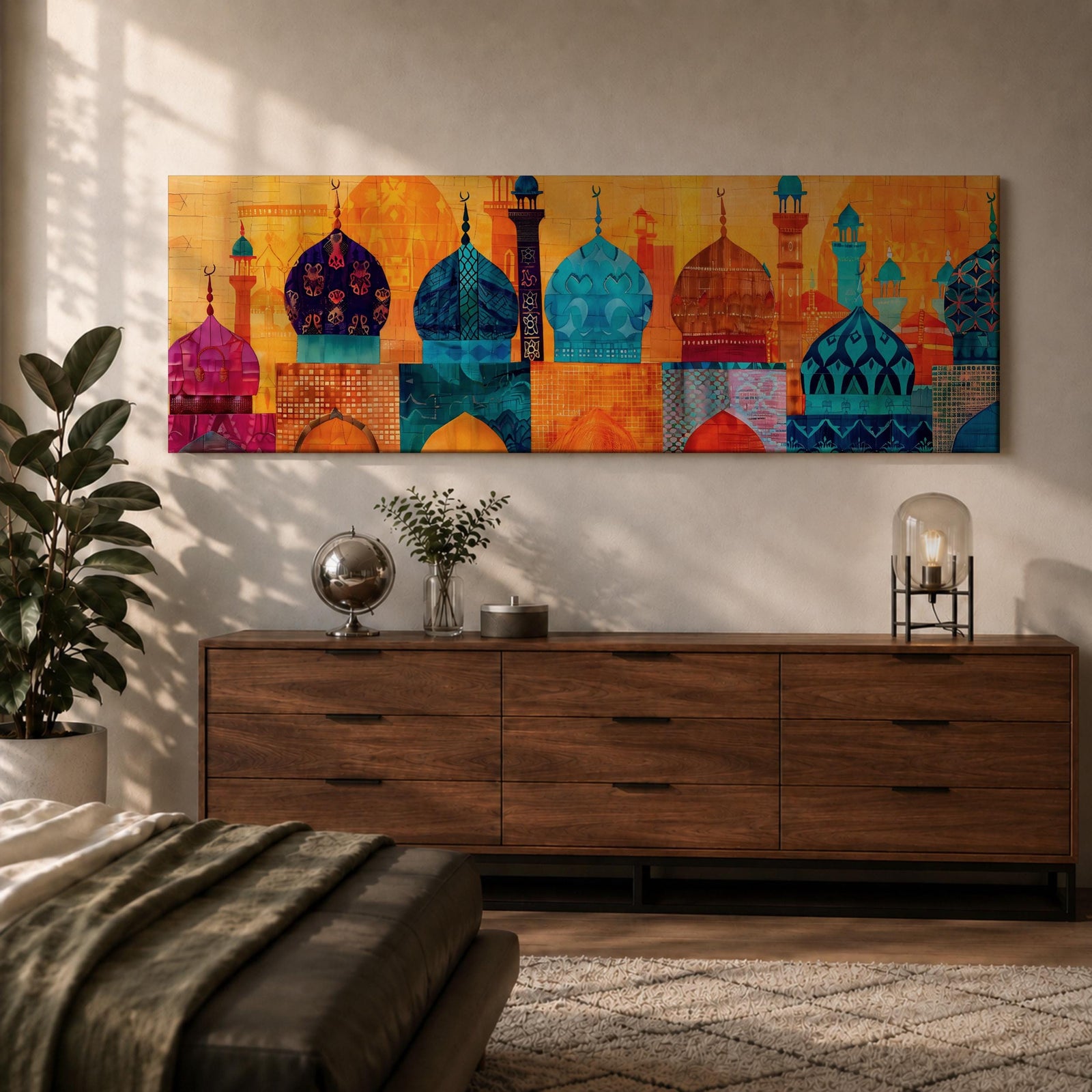Panoramic illustration of colorful mosque domes and minarets arranged in a horizontal skyline. The composition features Moroccan inspired architectural forms with geometric patterns, tile motifs, and layered dome shapes in vibrant shades of turquoise, blue, orange, red, and gold across a stylized Islamic architectural landscape.