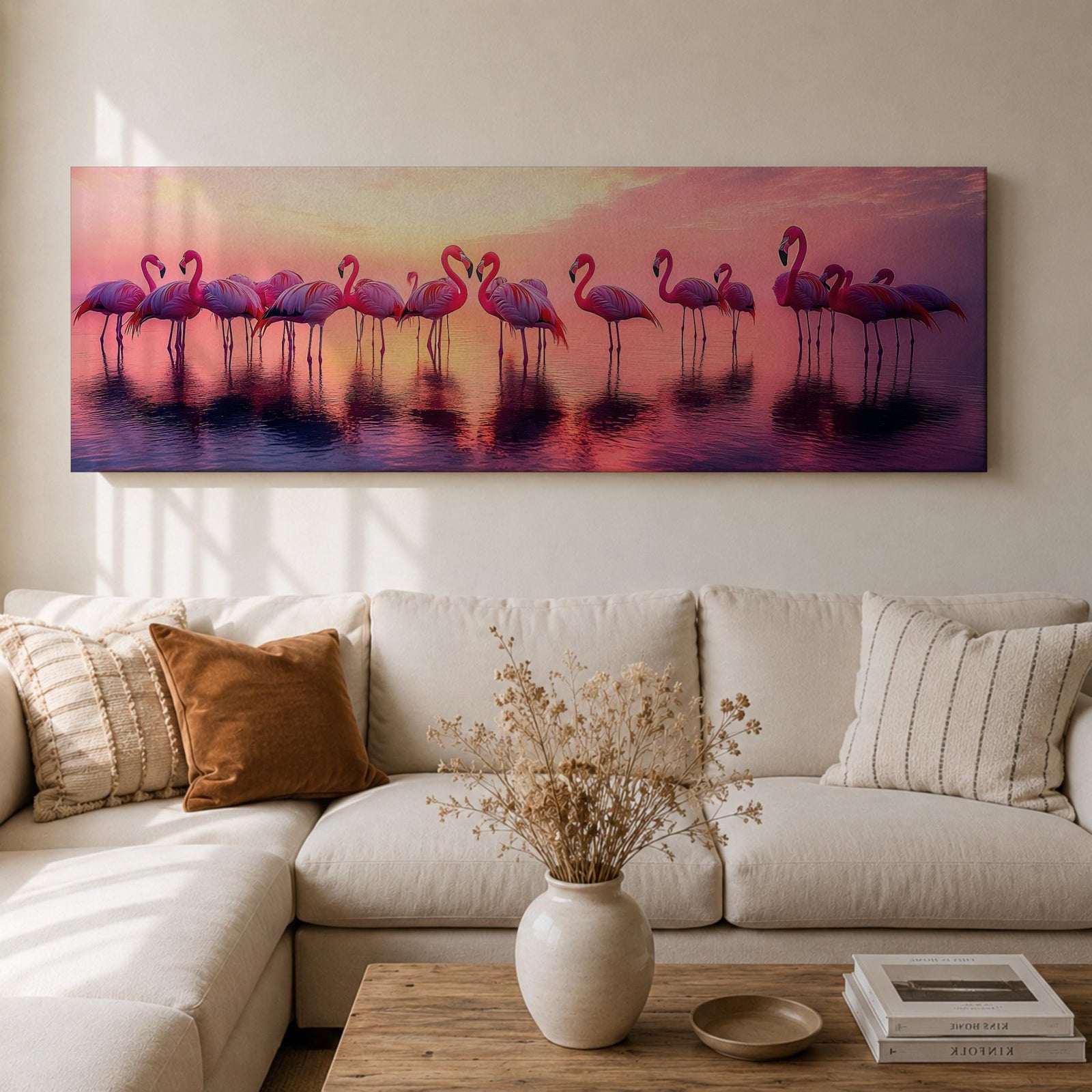 Panoramic artwork showing a flock of flamingos standing in shallow reflective water at sunset. The long horizontal composition features pink birds mirrored in the calm lake surface with glowing orange, purple, and magenta sky tones behind them, creating a tropical waterscape with silhouettes and soft reflections stretching across the scene.