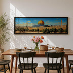 Panoramic painting of the Dome of the Rock in Jerusalem featuring the iconic golden dome and blue tiled octagonal structure rising above historic stone walls and olive trees, with a tall minaret nearby and a wide view of the ancient city skyline under a clear blue sky rendered in a detailed traditional landscape style.