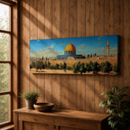 Panoramic painting of the Dome of the Rock in Jerusalem featuring the iconic golden dome and blue tiled octagonal structure rising above historic stone walls and olive trees, with a tall minaret nearby and a wide view of the ancient city skyline under a clear blue sky rendered in a detailed traditional landscape style.