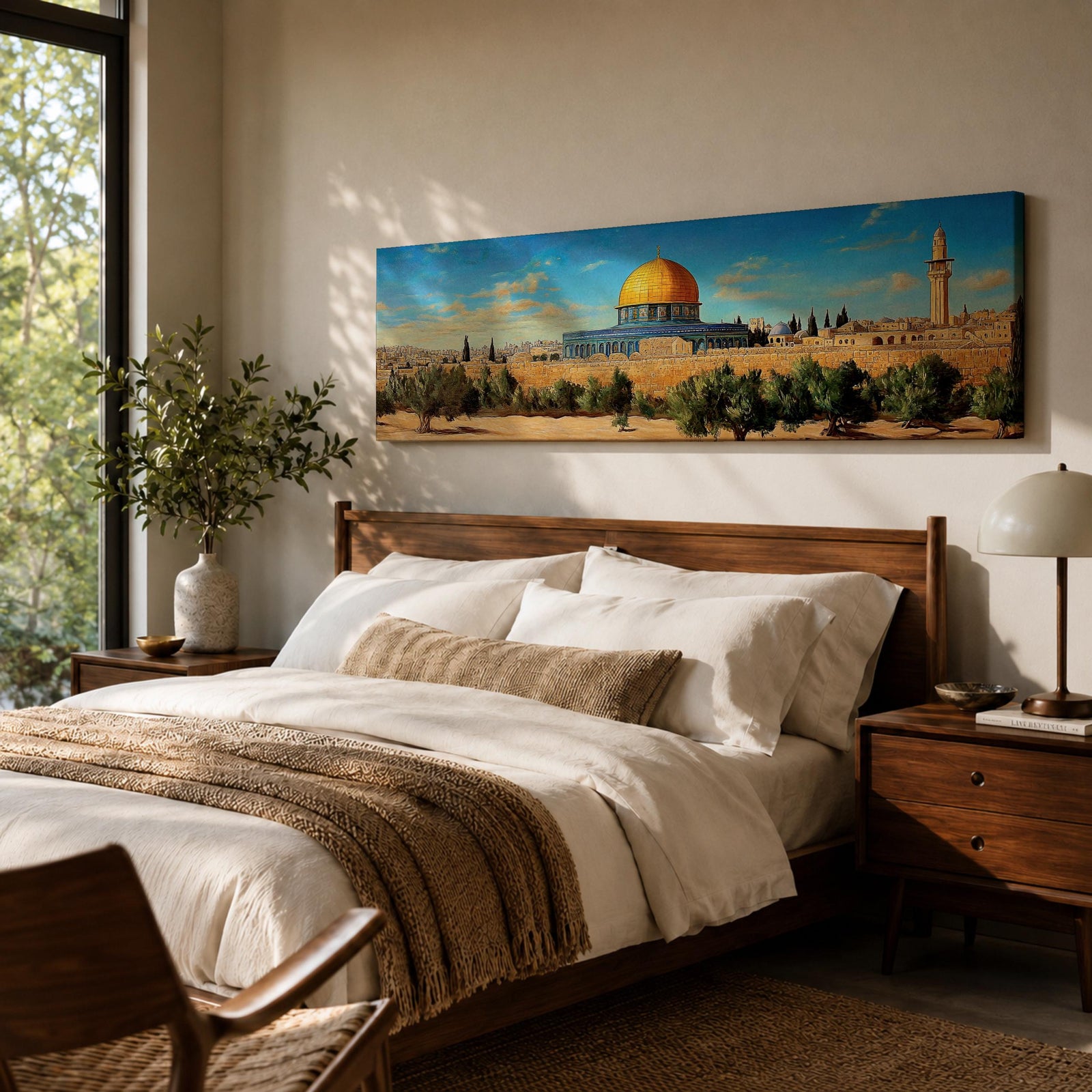 Panoramic painting of the Dome of the Rock in Jerusalem featuring the iconic golden dome and blue tiled octagonal structure rising above historic stone walls and olive trees, with a tall minaret nearby and a wide view of the ancient city skyline under a clear blue sky rendered in a detailed traditional landscape style.