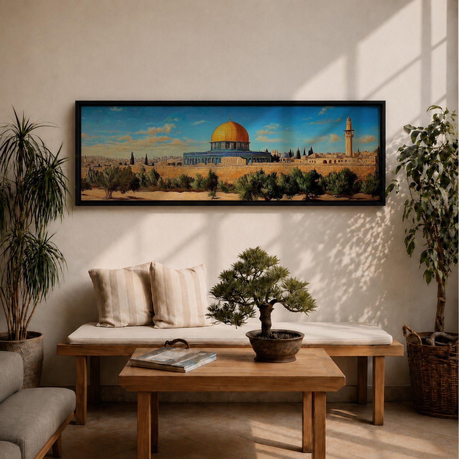 Panoramic painting of the Dome of the Rock in Jerusalem featuring the iconic golden dome and blue tiled octagonal structure rising above historic stone walls and olive trees, with a tall minaret nearby and a wide view of the ancient city skyline under a clear blue sky rendered in a detailed traditional landscape style.