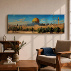 Panoramic painting of the Dome of the Rock in Jerusalem featuring the iconic golden dome and blue tiled octagonal structure rising above historic stone walls and olive trees, with a tall minaret nearby and a wide view of the ancient city skyline under a clear blue sky rendered in a detailed traditional landscape style.
