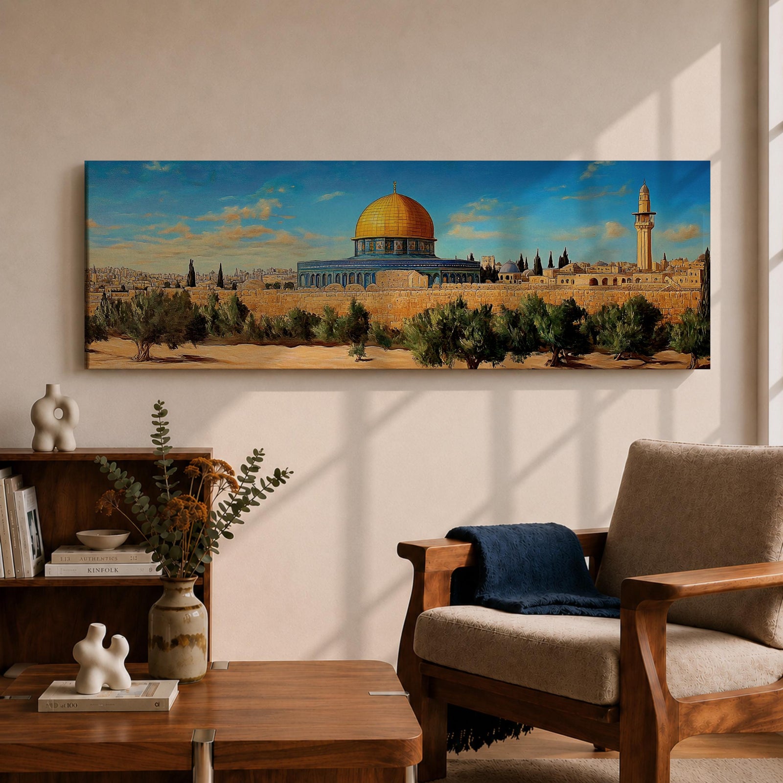 Panoramic painting of the Dome of the Rock in Jerusalem featuring the iconic golden dome and blue tiled octagonal structure rising above historic stone walls and olive trees, with a tall minaret nearby and a wide view of the ancient city skyline under a clear blue sky rendered in a detailed traditional landscape style.