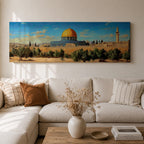 Panoramic painting of the Dome of the Rock in Jerusalem featuring the iconic golden dome and blue tiled octagonal structure rising above historic stone walls and olive trees, with a tall minaret nearby and a wide view of the ancient city skyline under a clear blue sky rendered in a detailed traditional landscape style.