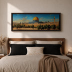 Panoramic painting of the Dome of the Rock in Jerusalem featuring the iconic golden dome and blue tiled octagonal structure rising above historic stone walls and olive trees, with a tall minaret nearby and a wide view of the ancient city skyline under a clear blue sky rendered in a detailed traditional landscape style.