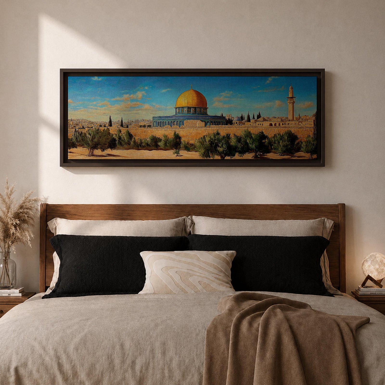 Panoramic painting of the Dome of the Rock in Jerusalem featuring the iconic golden dome and blue tiled octagonal structure rising above historic stone walls and olive trees, with a tall minaret nearby and a wide view of the ancient city skyline under a clear blue sky rendered in a detailed traditional landscape style.