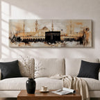 Panoramic painting of the Kaaba at Masjid al Haram in Mecca showing the black cubic Kaaba structure surrounded by mosque arcades and tall minarets, rendered with expressive brushstrokes in warm neutral tones and soft light, capturing the vast courtyard and architectural skyline of the sacred mosque complex.
