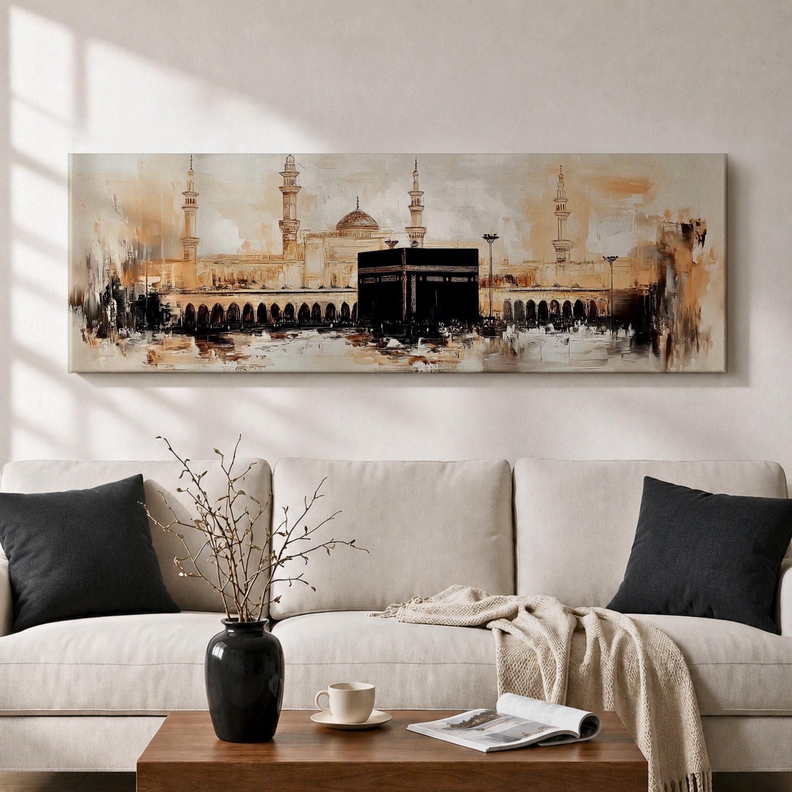 Panoramic painting of the Kaaba at Masjid al Haram in Mecca showing the black cubic Kaaba structure surrounded by mosque arcades and tall minarets, rendered with expressive brushstrokes in warm neutral tones and soft light, capturing the vast courtyard and architectural skyline of the sacred mosque complex.