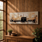 Panoramic painting of the Kaaba at Masjid al Haram in Mecca showing the black cubic Kaaba structure surrounded by mosque arcades and tall minarets, rendered with expressive brushstrokes in warm neutral tones and soft light, capturing the vast courtyard and architectural skyline of the sacred mosque complex.
