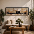 Panoramic painting of the Kaaba at Masjid al Haram in Mecca showing the black cubic Kaaba structure surrounded by mosque arcades and tall minarets, rendered with expressive brushstrokes in warm neutral tones and soft light, capturing the vast courtyard and architectural skyline of the sacred mosque complex.